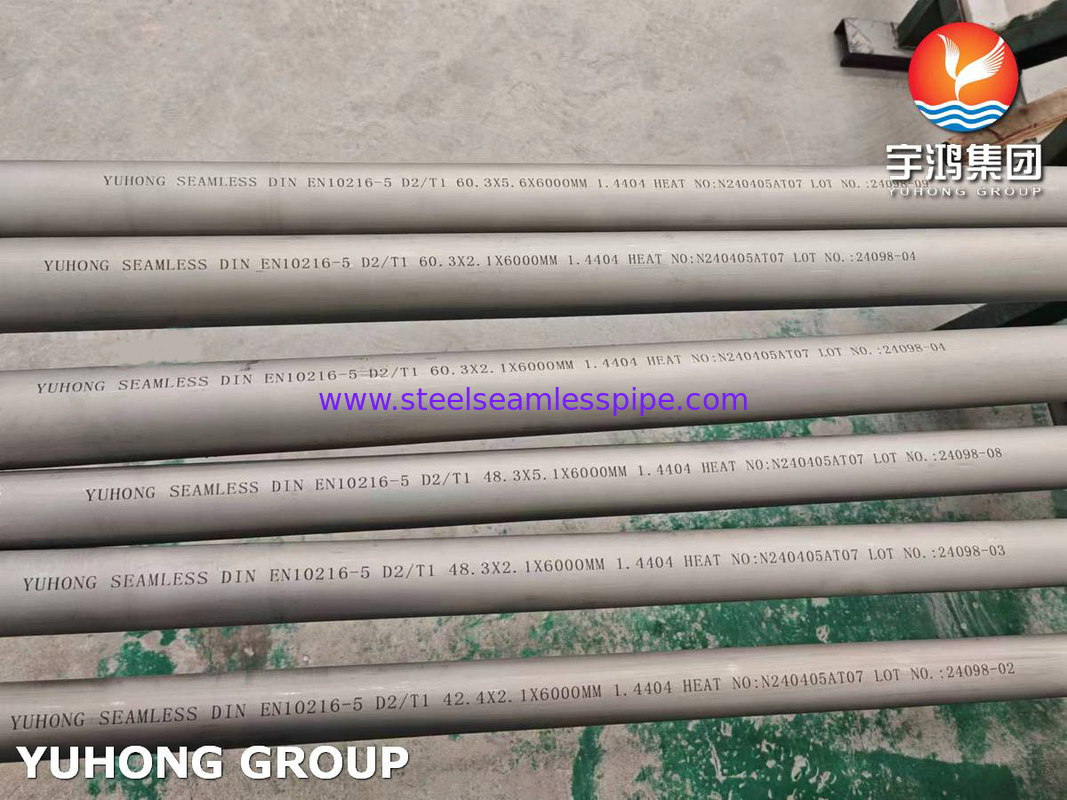 Pipe sans soudure en acier inoxydable EN 10216-5 D2/T1 1.4404 TP316L Pour le pétrole et le gaz